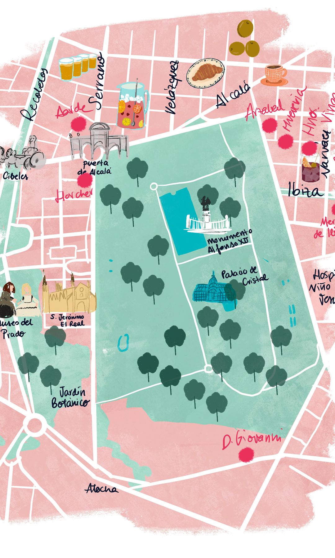 Mapa ilustración de la zona Retiro en Madrid