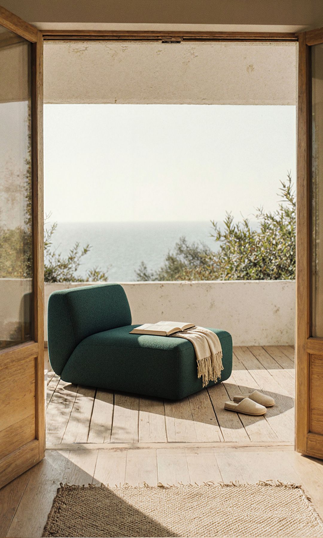 Terraza con sillón de color verde con vistas al mar, puertas de madera acristaladas abiertas, suelo de madera 