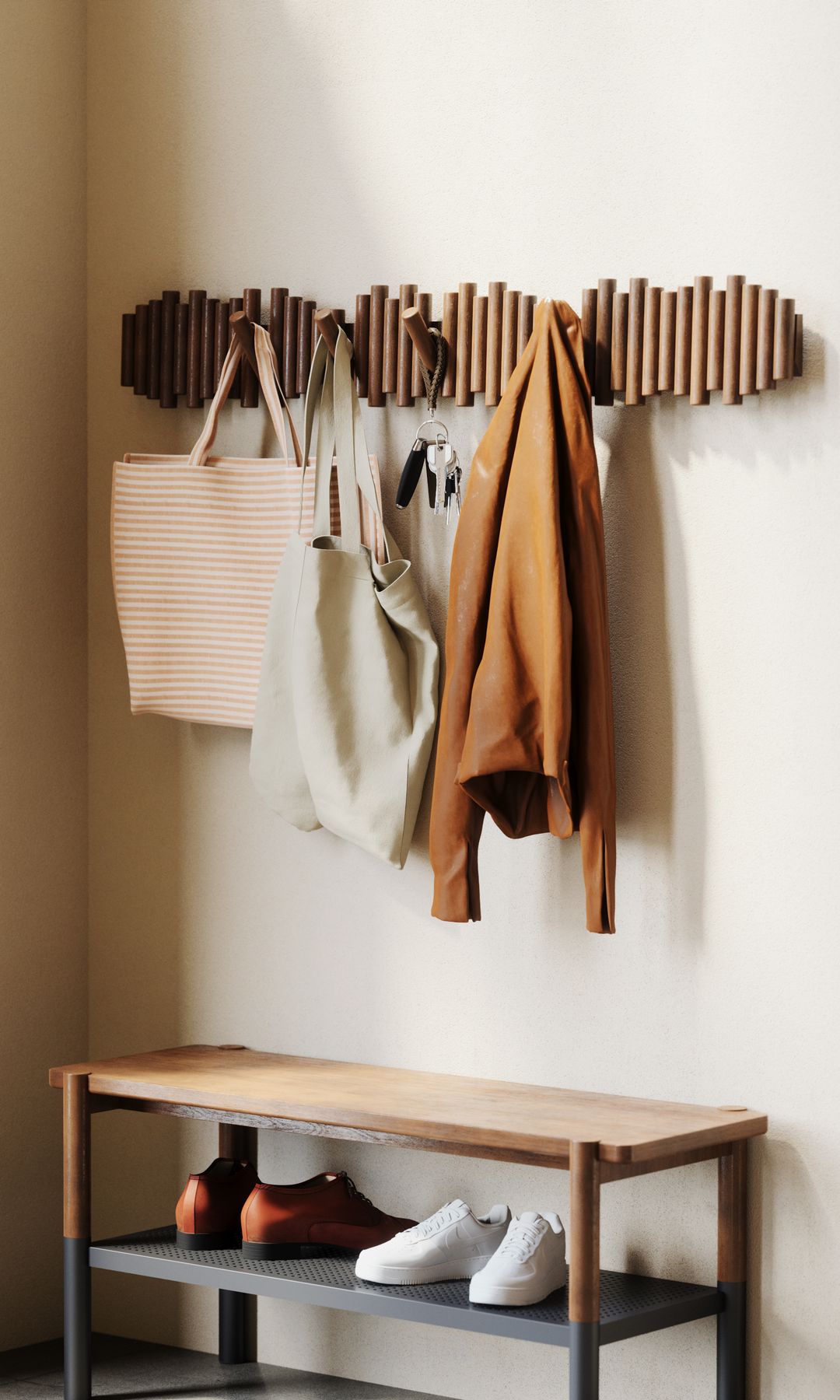Recibidor con perchero de pared y banco zapatero de madera 