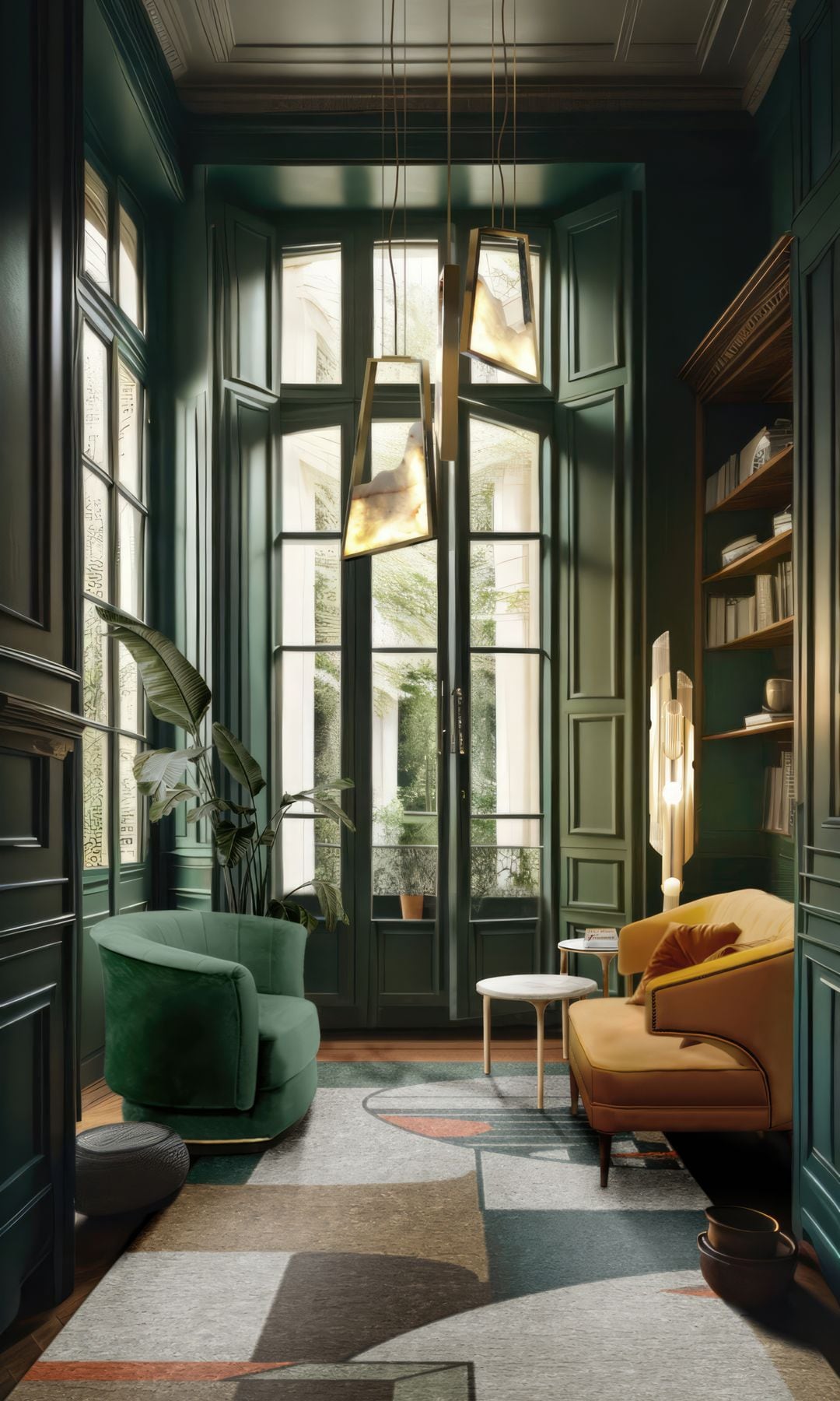 Rincón al final de pasillo, con librería, butacas verde y amarilla mostaza, alfombra con motivos geométricos, paredes con molduras de madera de color verde oscuro, salida a la galería 