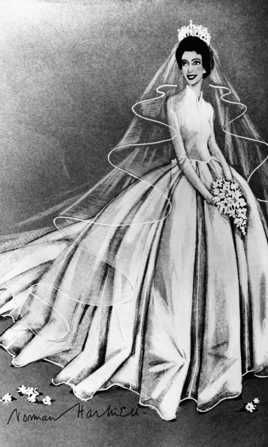 Boceto del vestido de novia de la princesa Margarita, por el diseñador Norman Hartnell