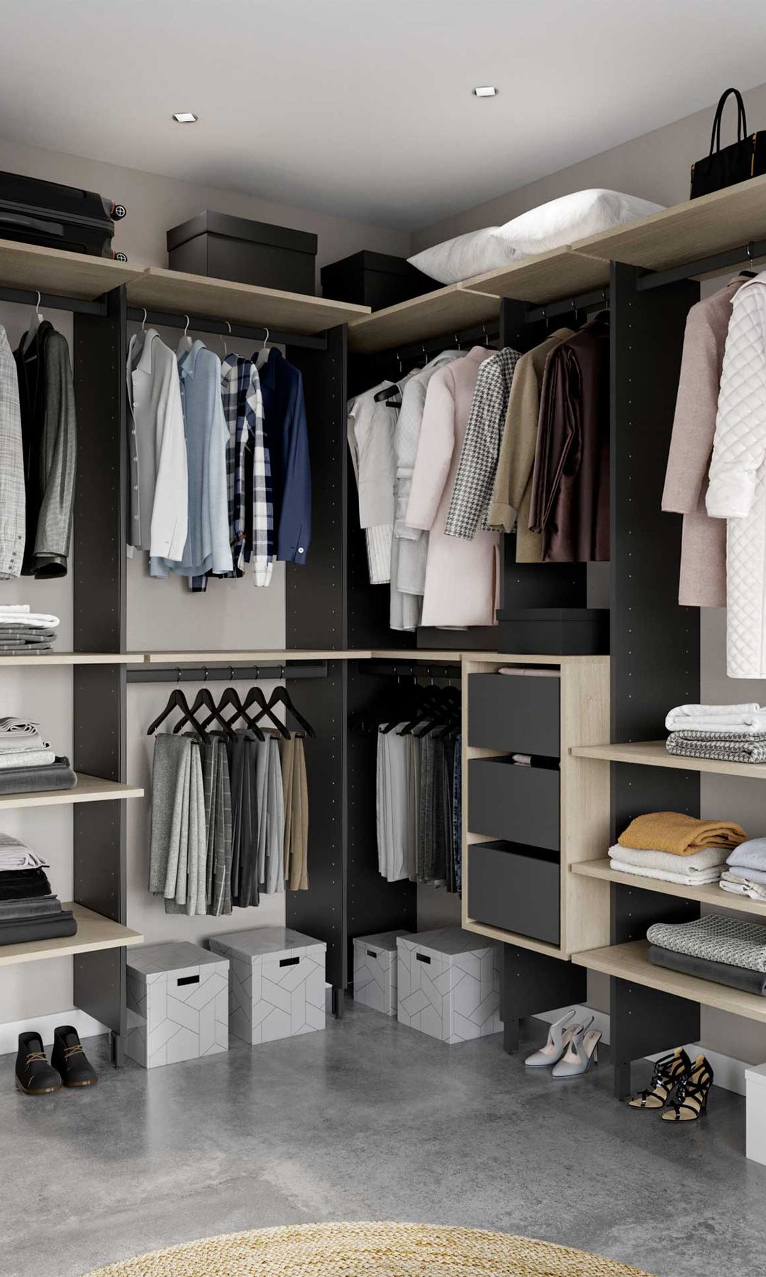 Vestidor con baldas, barras, pantaloneros y cajas de tela 