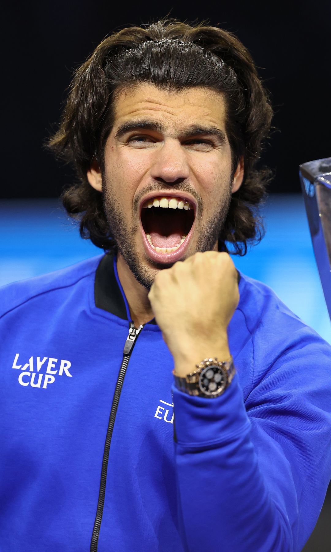 LONDON, ENGLAND - SEPTEMBER 27: Carlos Alcaraz of Team Europe celebrates with the Laver Cup on day three of the 2026 Laver Cup between Team Europe and Team World at The O2 on September 27, 2026 in London, England
