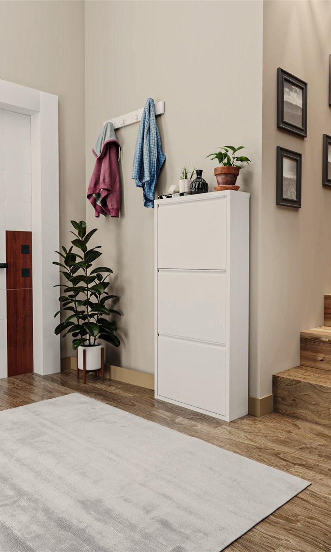Recibidor con zapatero alto blanco, perchero de pared, alfombra y planta