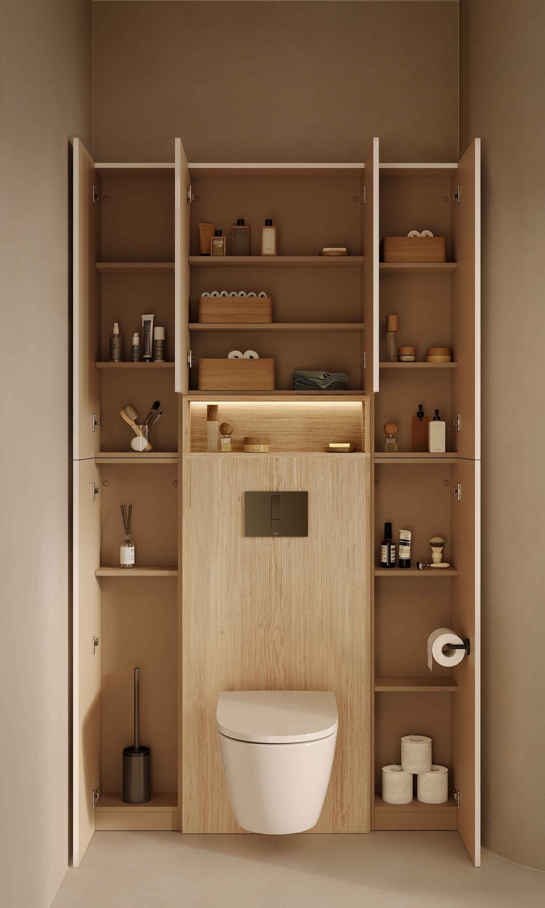 Baño con sanitario empotrado en un mueble de madera con cajones y baldas 