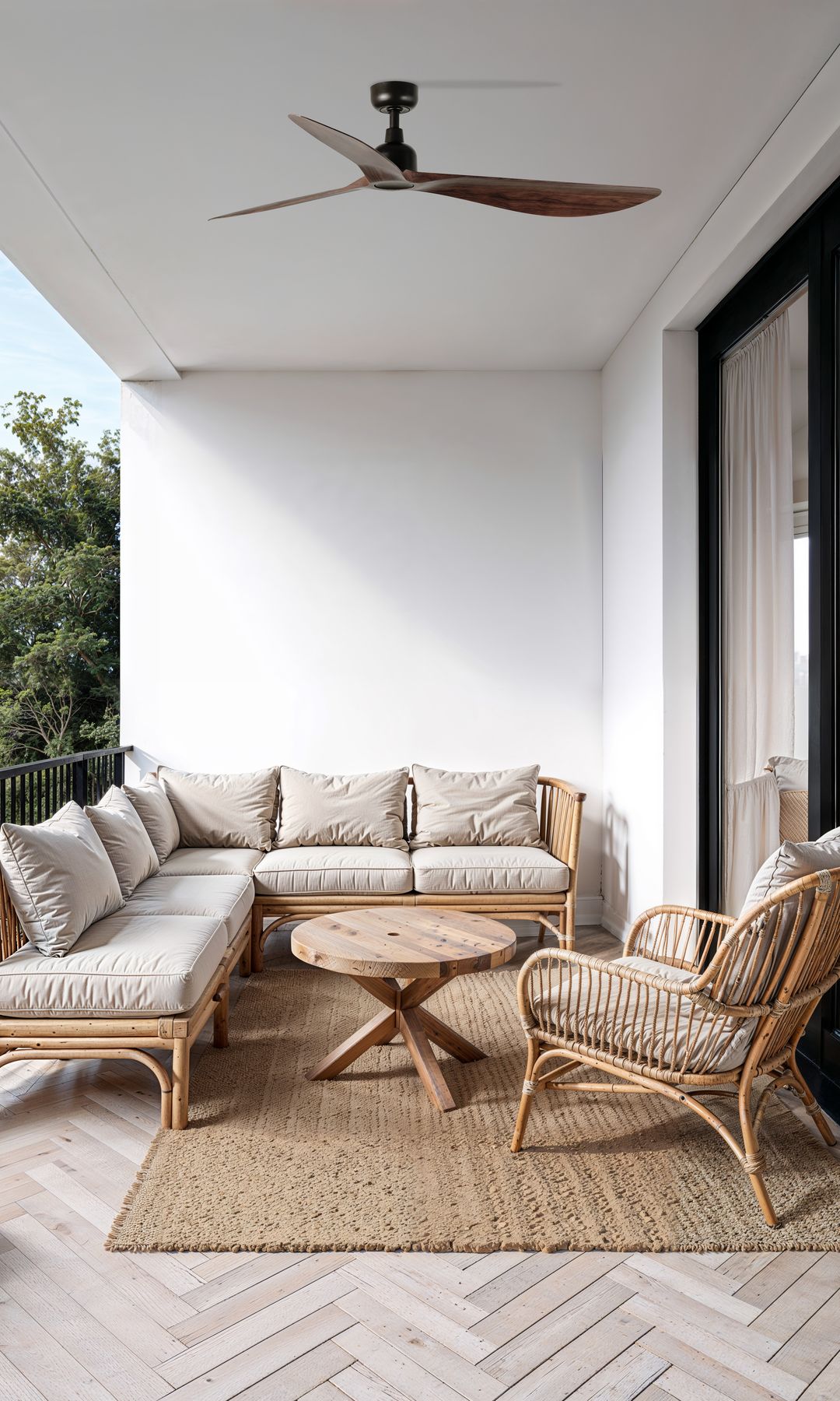 Terraza con mobiliario natural y ventilador de techo