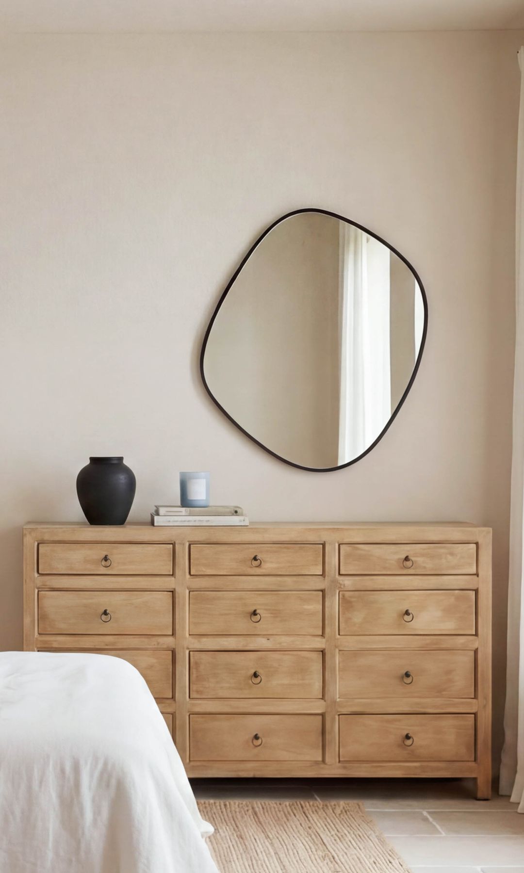 Dormitorio con cómoda tipo casillero de madera clara y espejo de formas onduladas