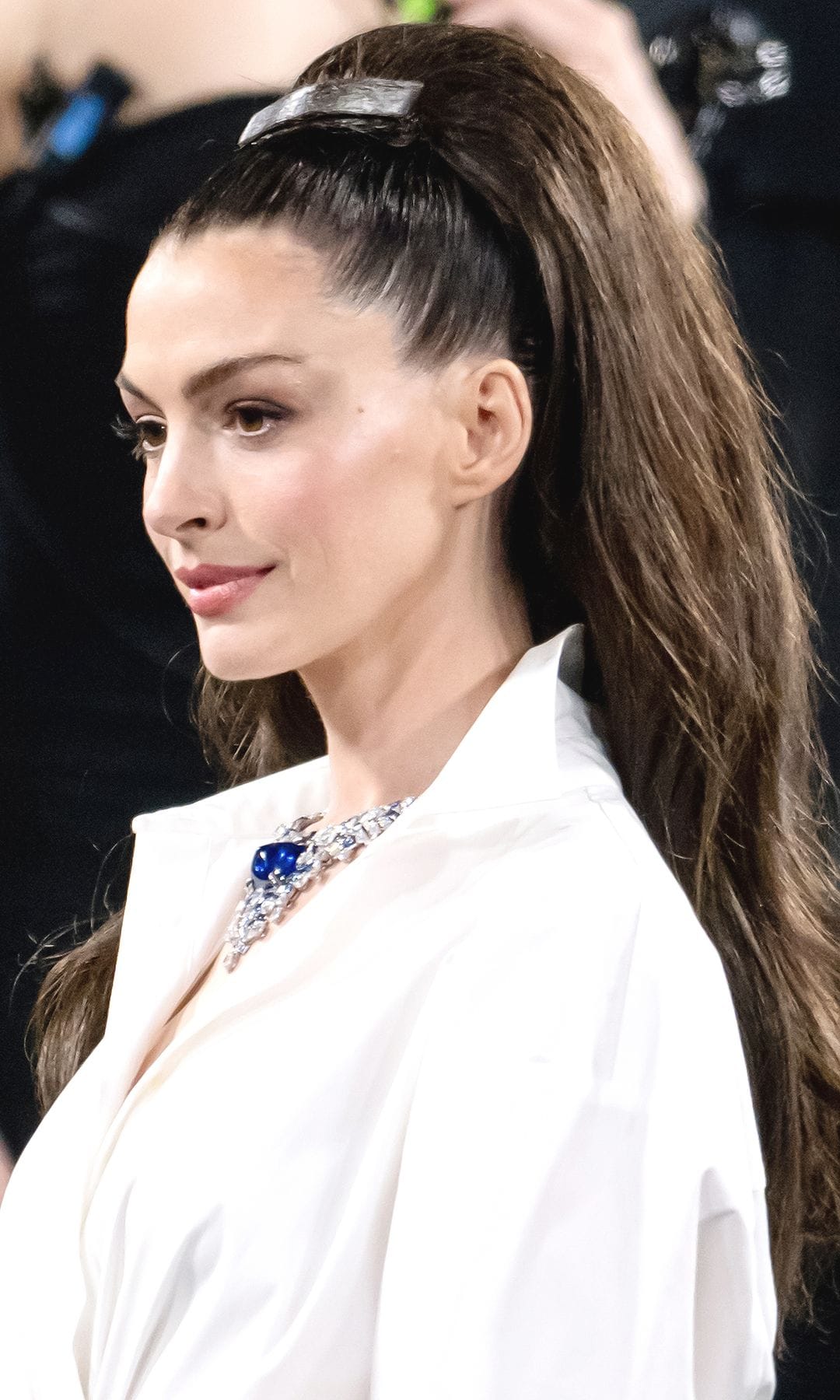 Anne Hathaway attends the 2025 Met Gala Celebrating "Superfine: Tailoring Black Style" at Metropolitan Museum of Art on May 05, 2025 in New York City