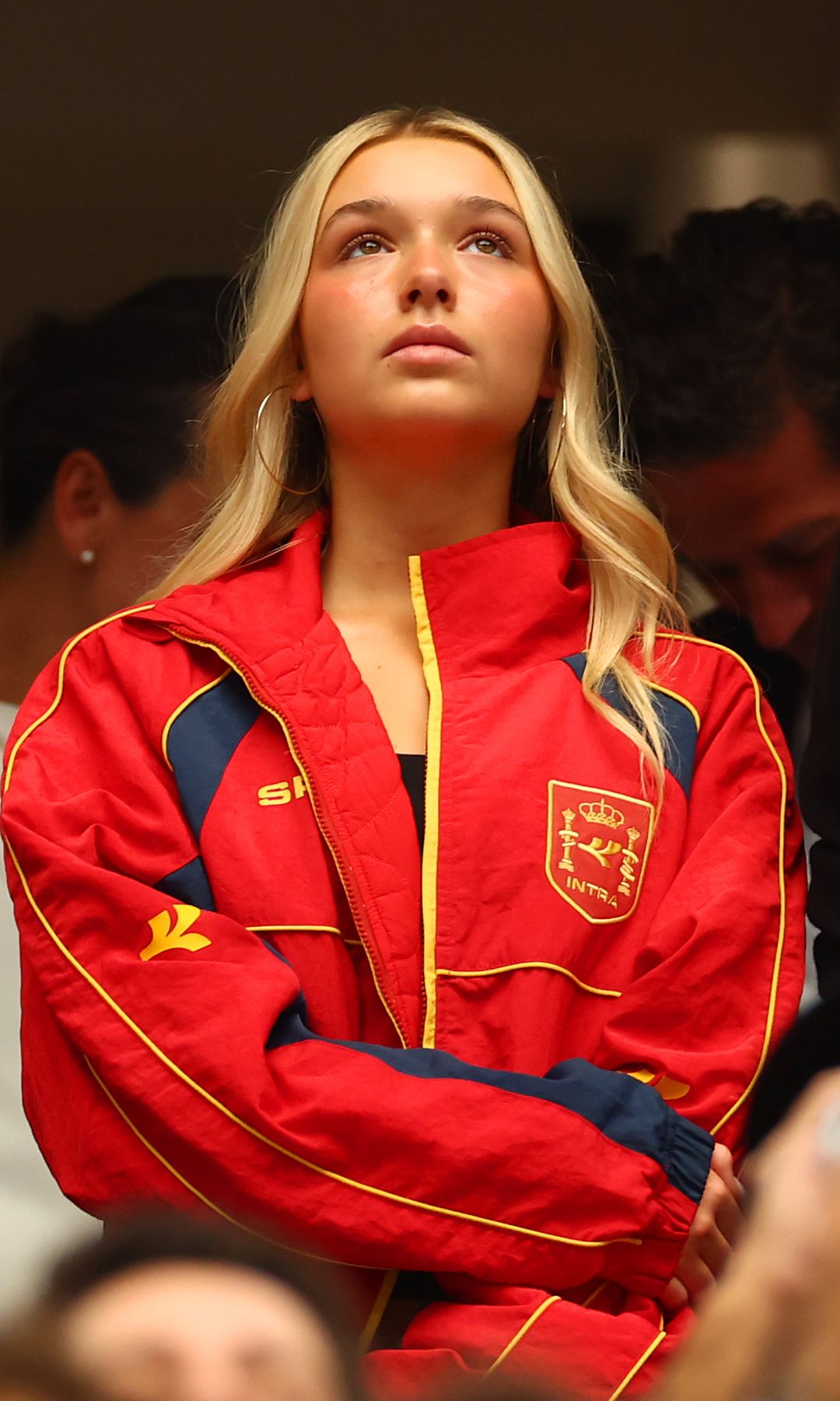 ARLINGTON, TEXAS - JULY 14: Harper Beckham looks on during the FIFA World Cup 2026 Semi Final match between France and Spain at Dallas Stadium on July 14, 2026 in Arlington, Texas