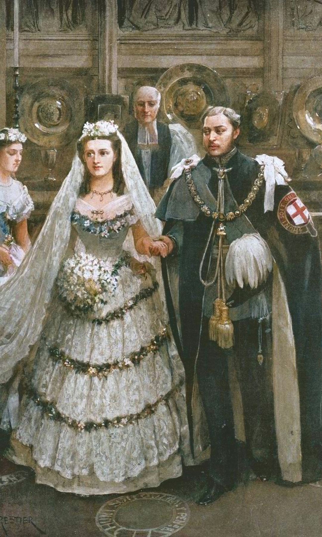 La princesa Alejandra de Dinamarca, con un vistoso ramo de novia, en su boda con Eduardo VII