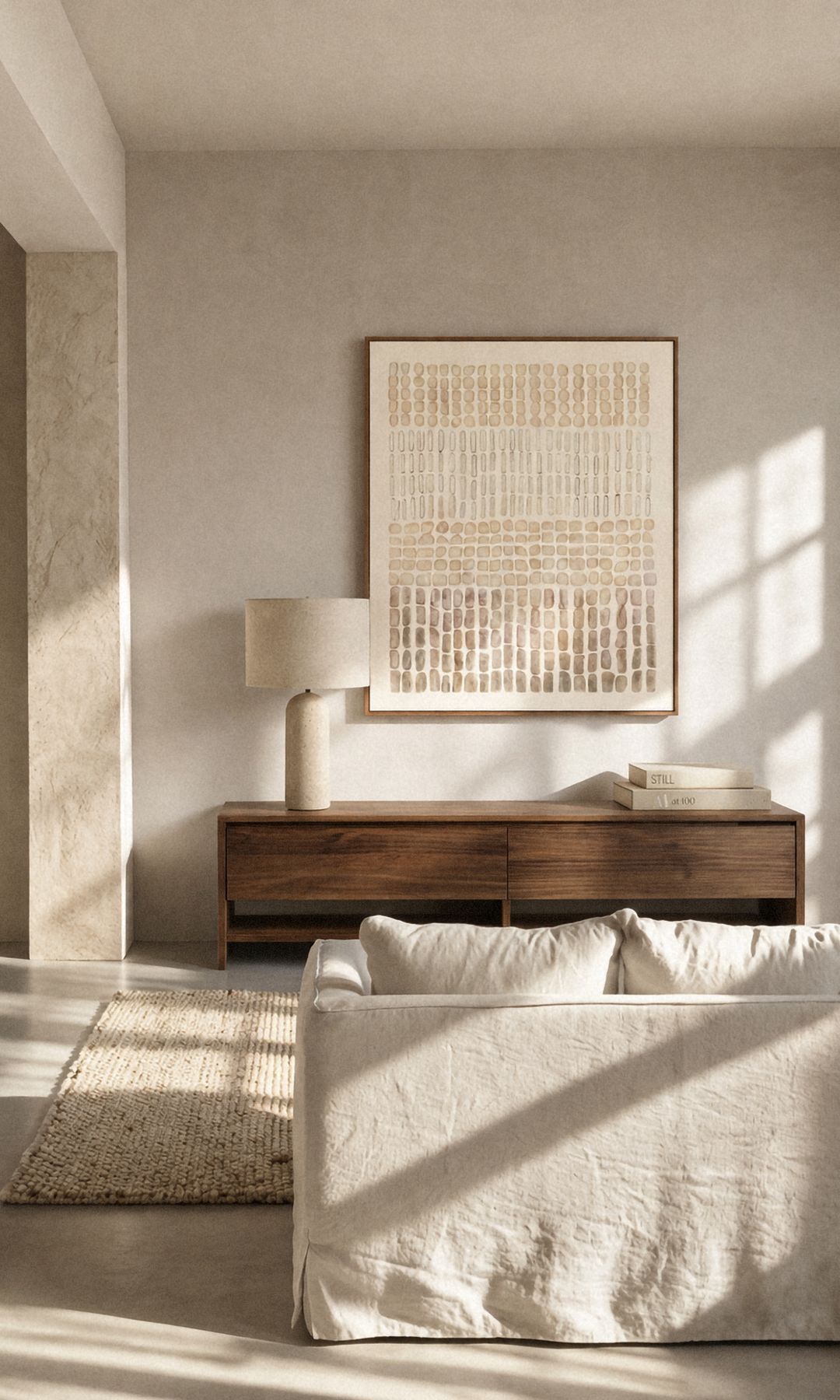 Salón con sofá blanco, aparador bajo de madera, cuadro en la pared, lámpara de sobremesa blanca, alfombra blanca