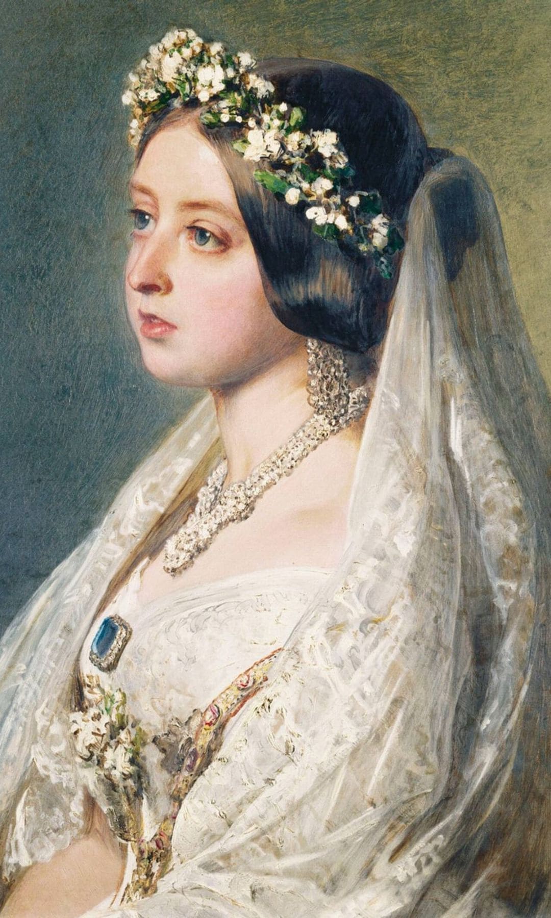 La reina Victoria el día de su boda con su vestido de novia y broche de Zafiro