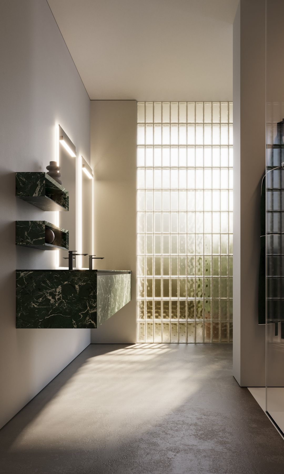 Baño con ducha con tabique de pavés, muebles suspendidos, espejos retroiluminados, mampara de cristal sin perfiles 