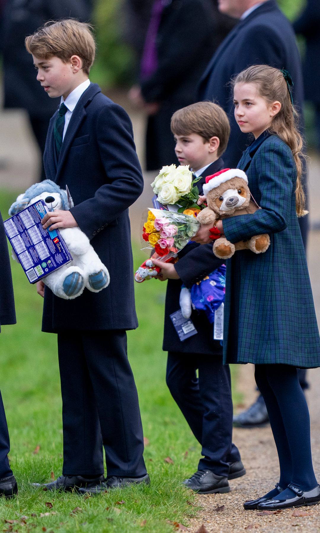 SANDRINGHAM, NORFOLK - DECEMBER 25: Prince George of Wales with Princess Charlotte of Wales and Prince Louis of Wales attend the Christmas Morning Service at St Mary Magdalene Church on December 25, 2024 in Sandringham, Norfolk. (Photo by Mark Cuthbert/UK Press via Getty Images)