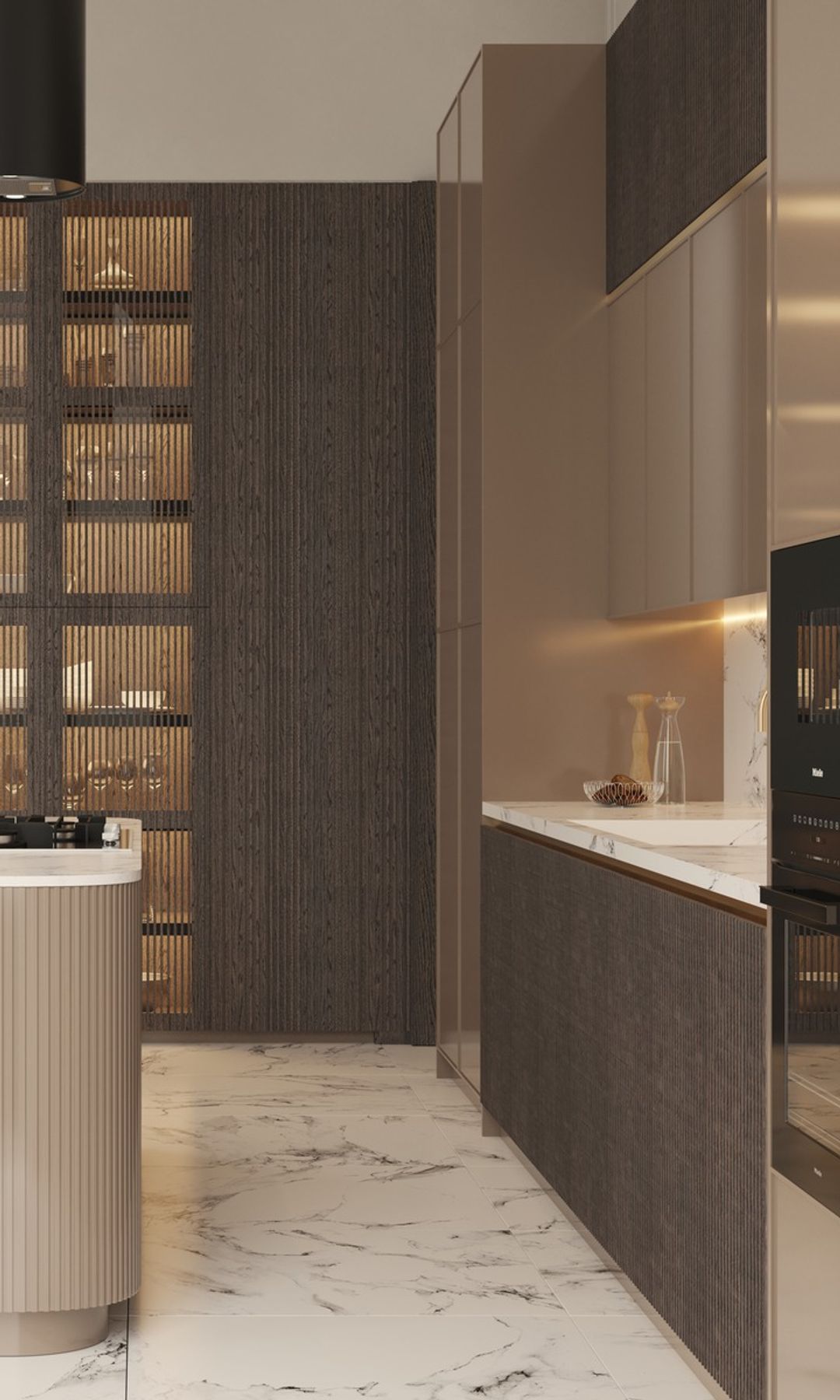 Cocina de madera con isla, con módulos acanalados, luz bajo los armarios inferiores y dentro de los armarios