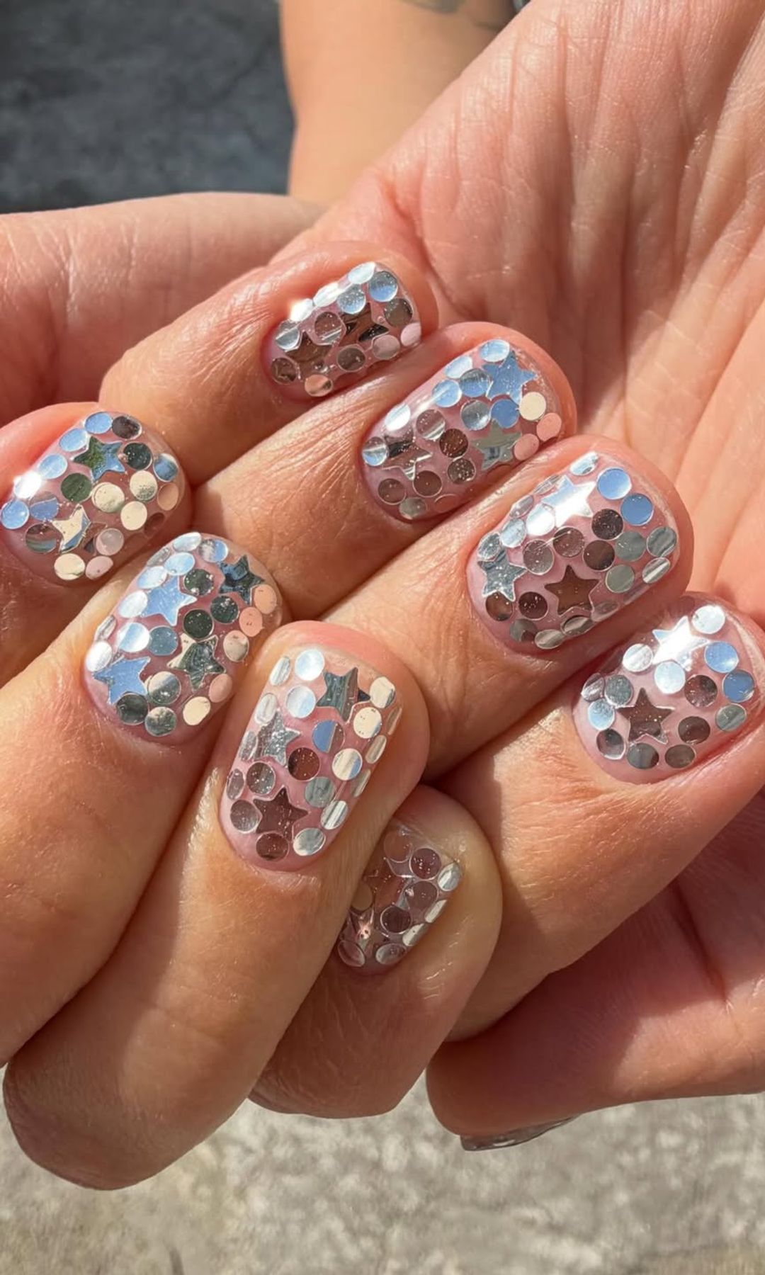 Manicura de lentejuelas plateadas