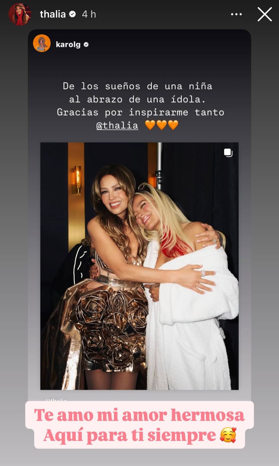 Karol G reaccionó al post de Thalía