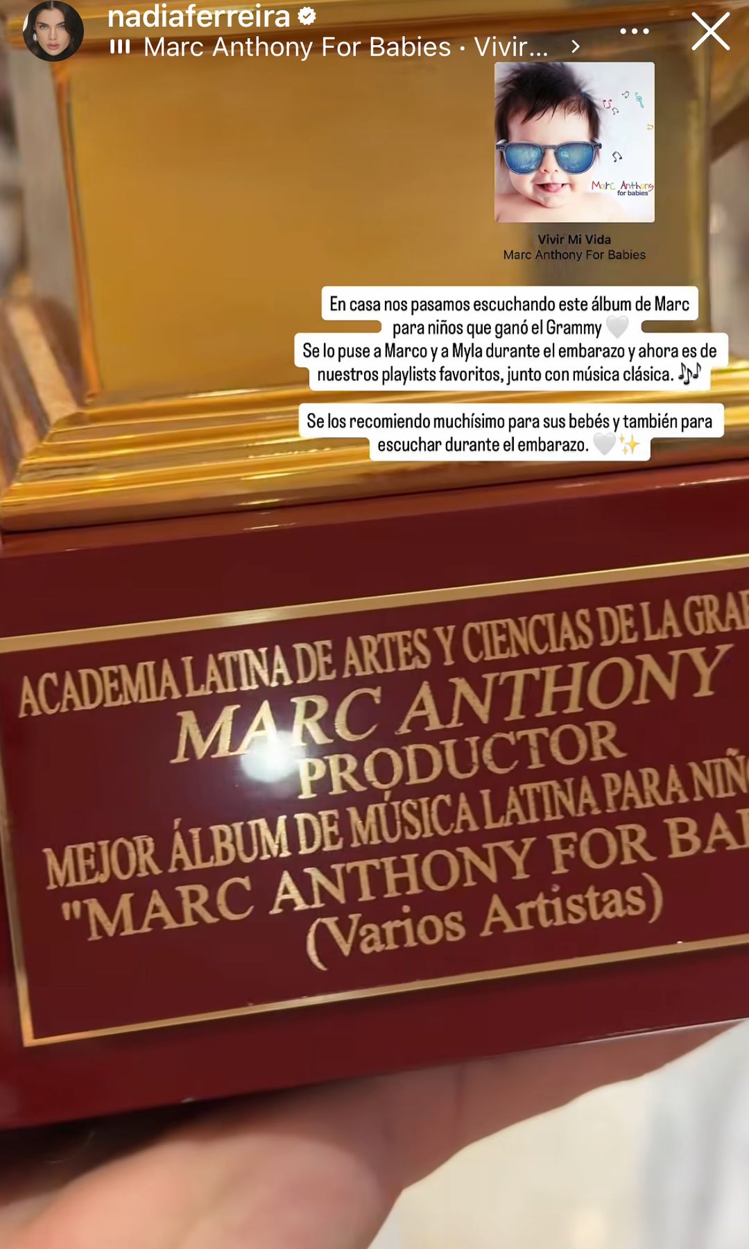 Nadia Ferreira compartió un vistazo del Latin GRAMMY que Marc ganó por su álbum de música infantil. 