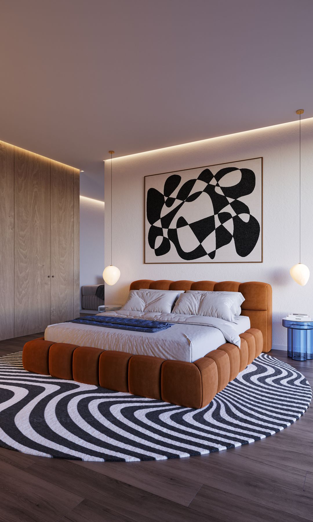 Dormitorio con obra de arte en la pared del cabecero