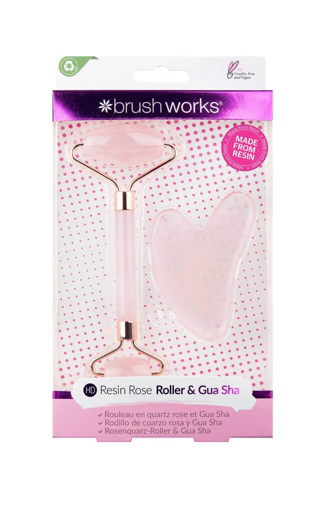 Rodillo de resina de cuarzo rosa HD y Gua Sha (15€), Brushworks