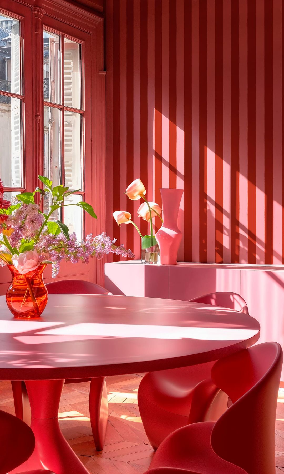Comedor en tonos rojos, papel pintado de rayas rojas y rosas, mesa de comedor redonda roja, sillas rojas, jarrón con flores 