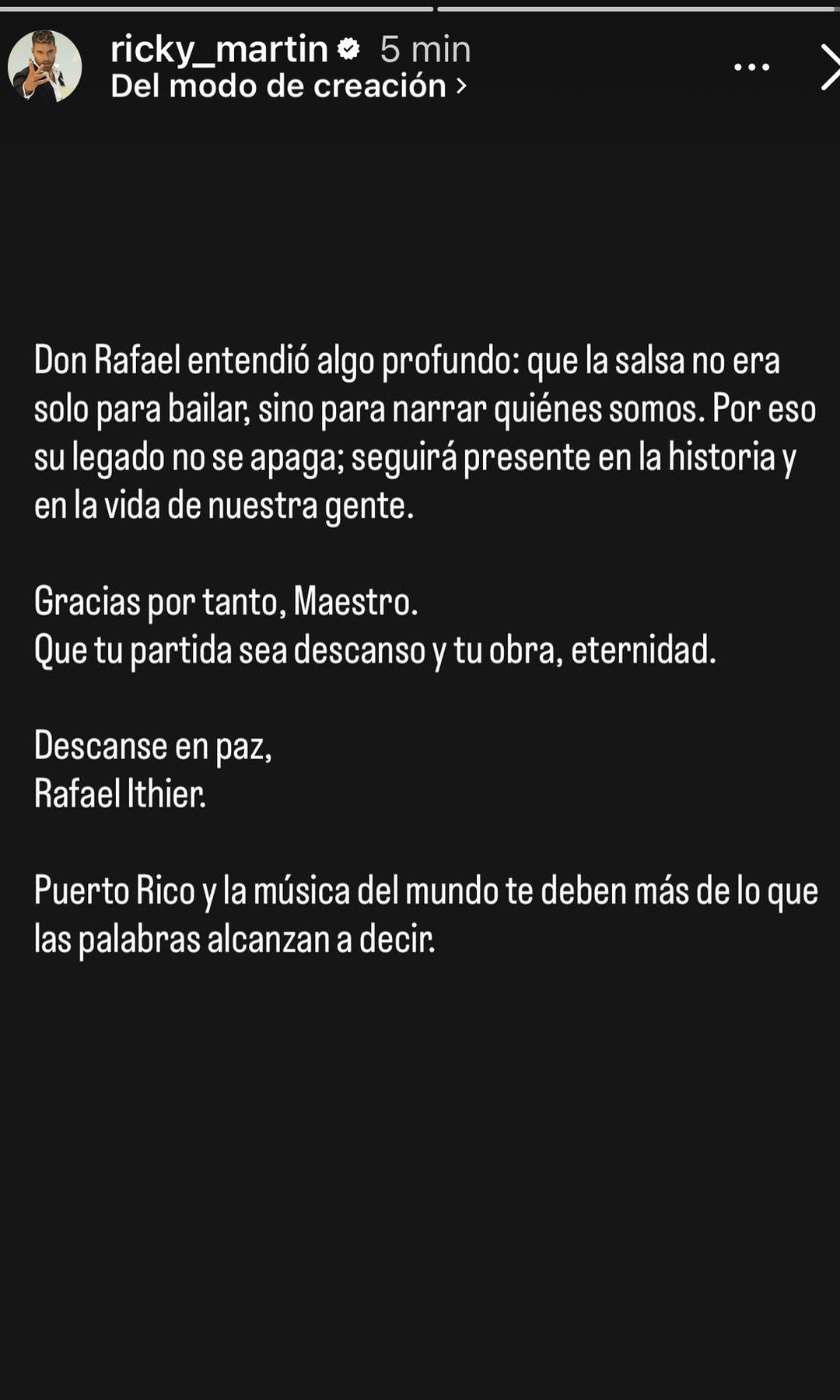 Ricky Martin se sumó a las condolencias por la muerte del fundador de El Gran Combo de Puerto Rico. 