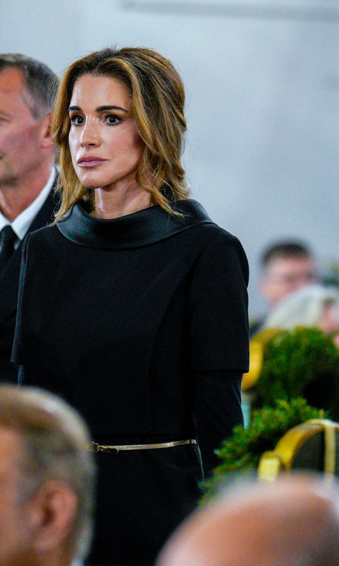 Abdullah II of Jordan and Queen Rania of Jordan standing in formal black attire among attendees during the funeral of Harald of Norway in Oslo, Norway, on Wednesday, 9 September 2026
