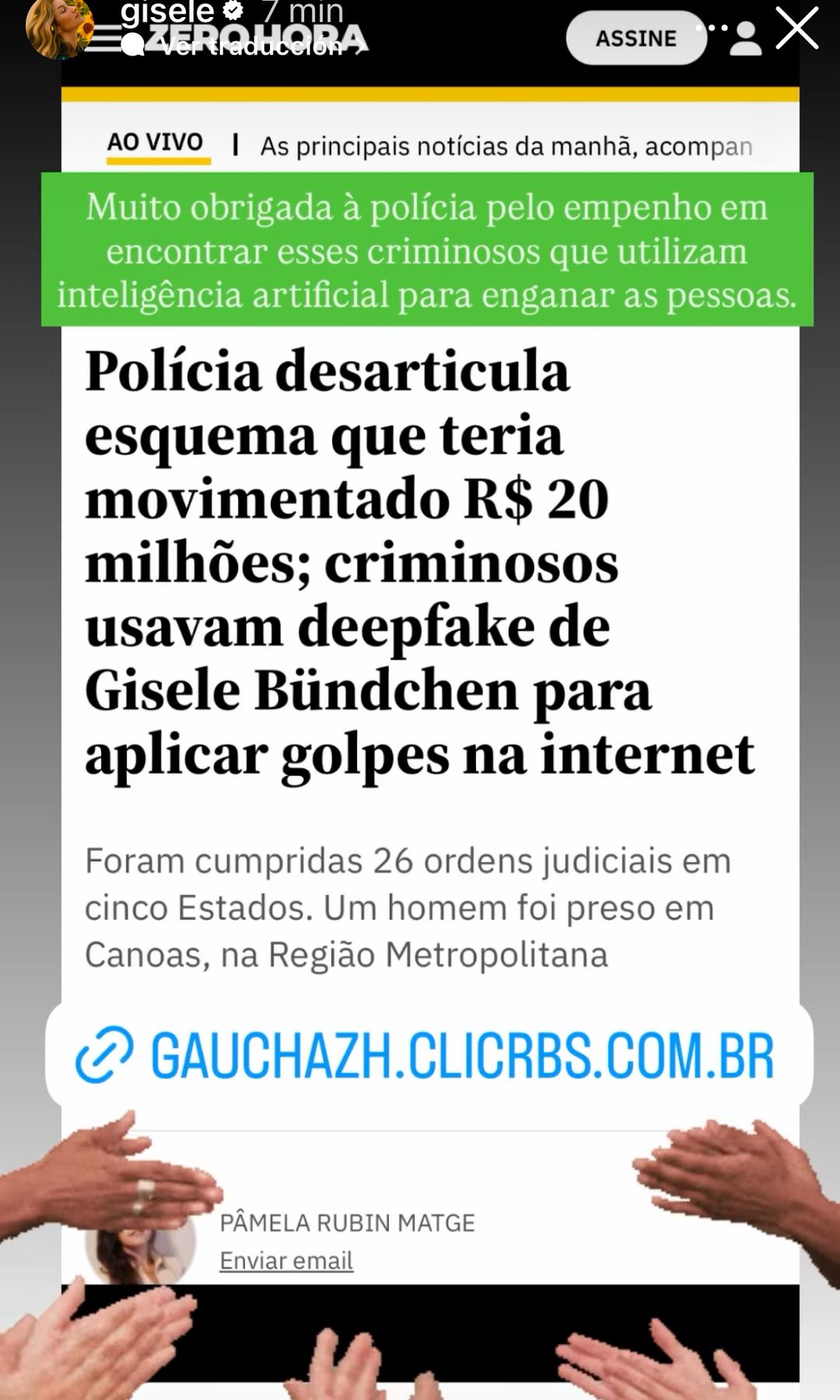 Gisele Bündchen agradece el apoyo de la policía en medio de un caso de estafas que usaba su nombre.