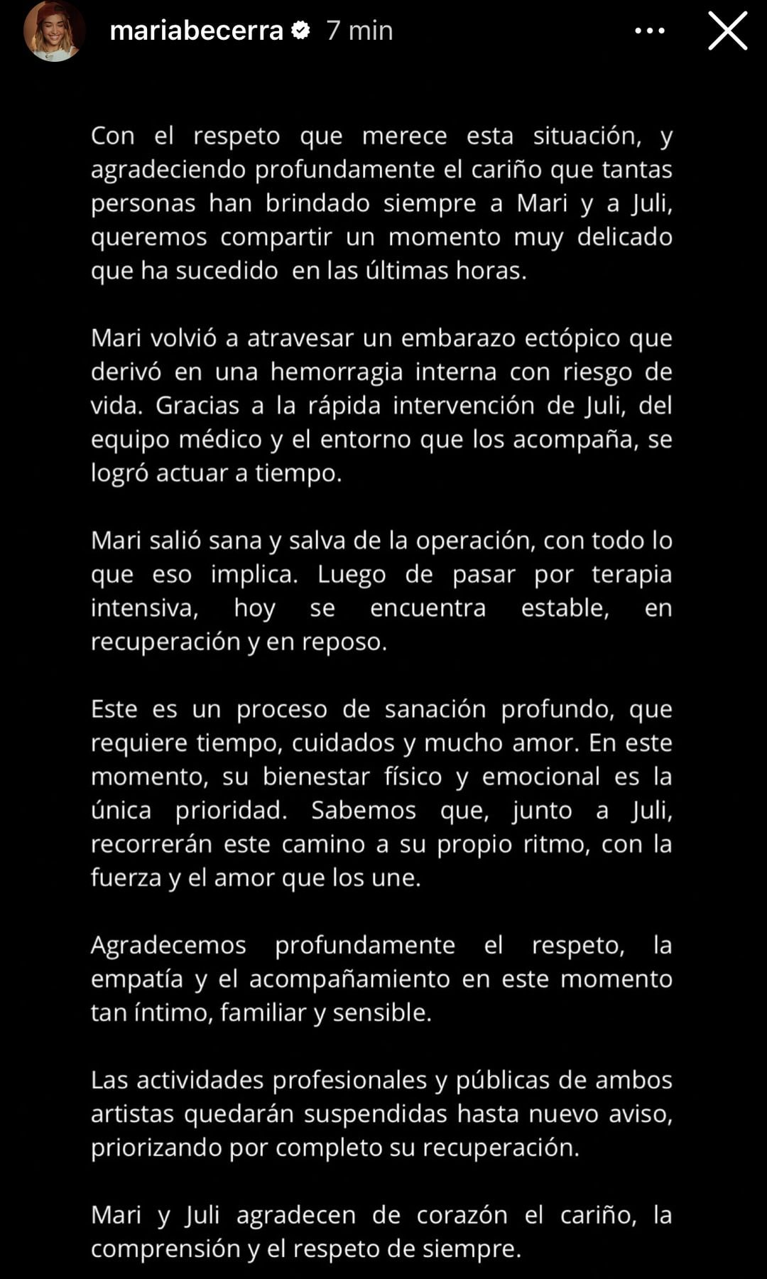 Este fue el comunicado que se difundió a través de las redes sociales de la cantante