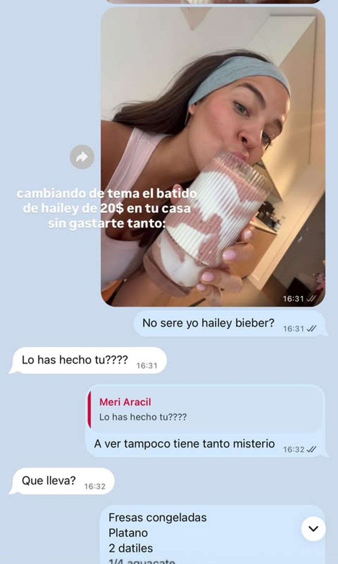 Una conversación de WPP en la que Laura dice a una amiga que ha preparado el batido de Hailey