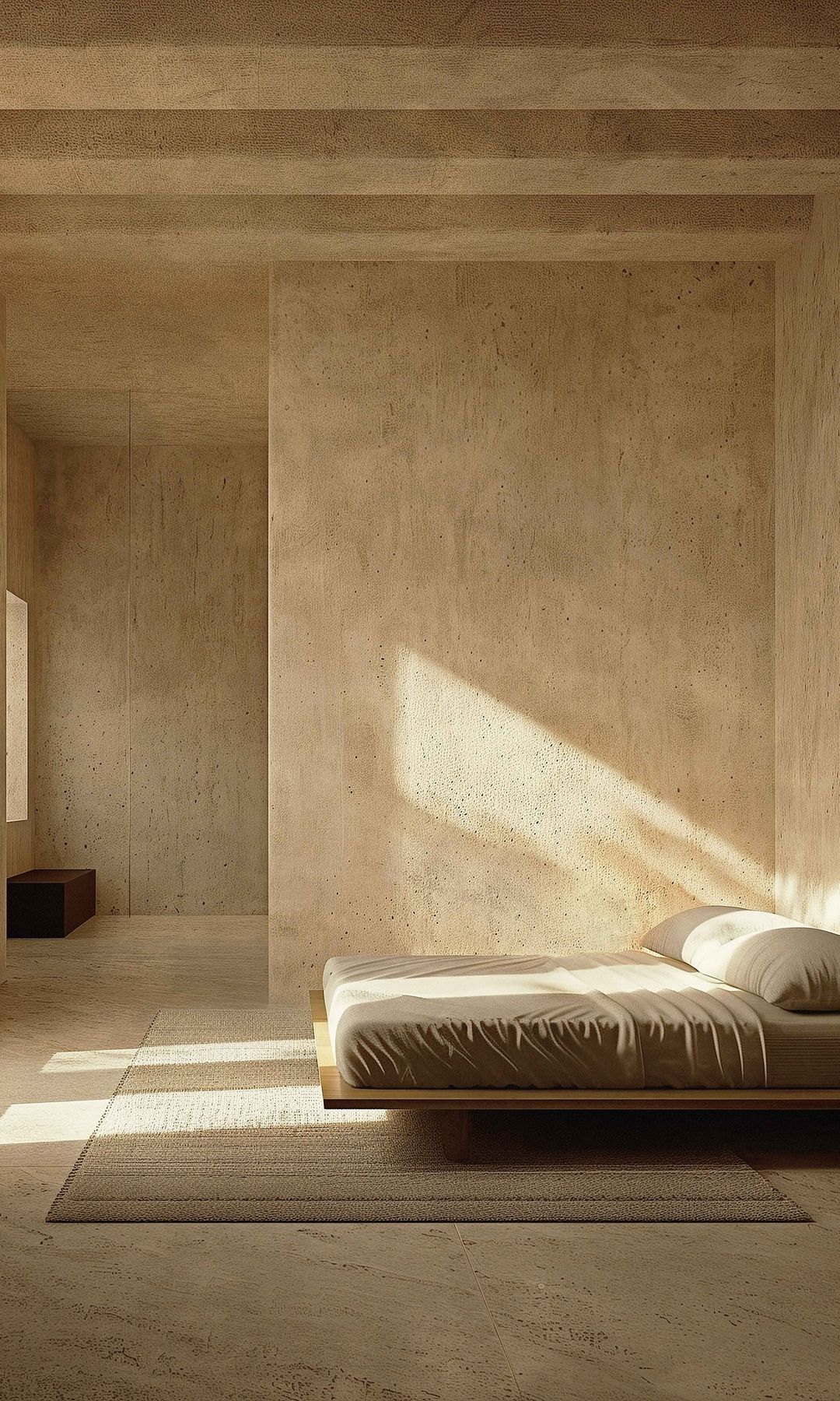 Dormitorio con paredes, techo, suelo y ropa de cama en color beige 