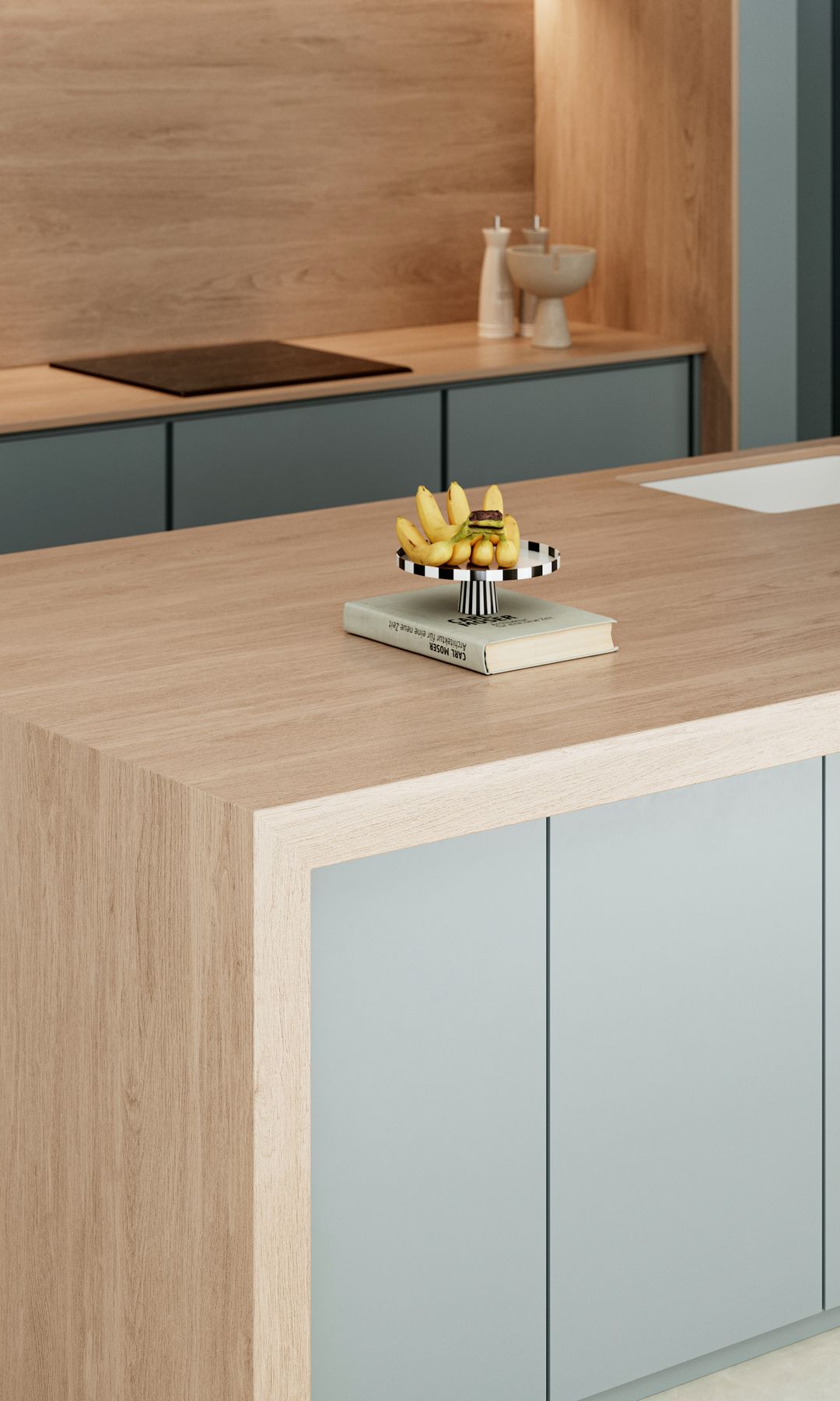 Cocina con encimera Dekton con acabado madera 