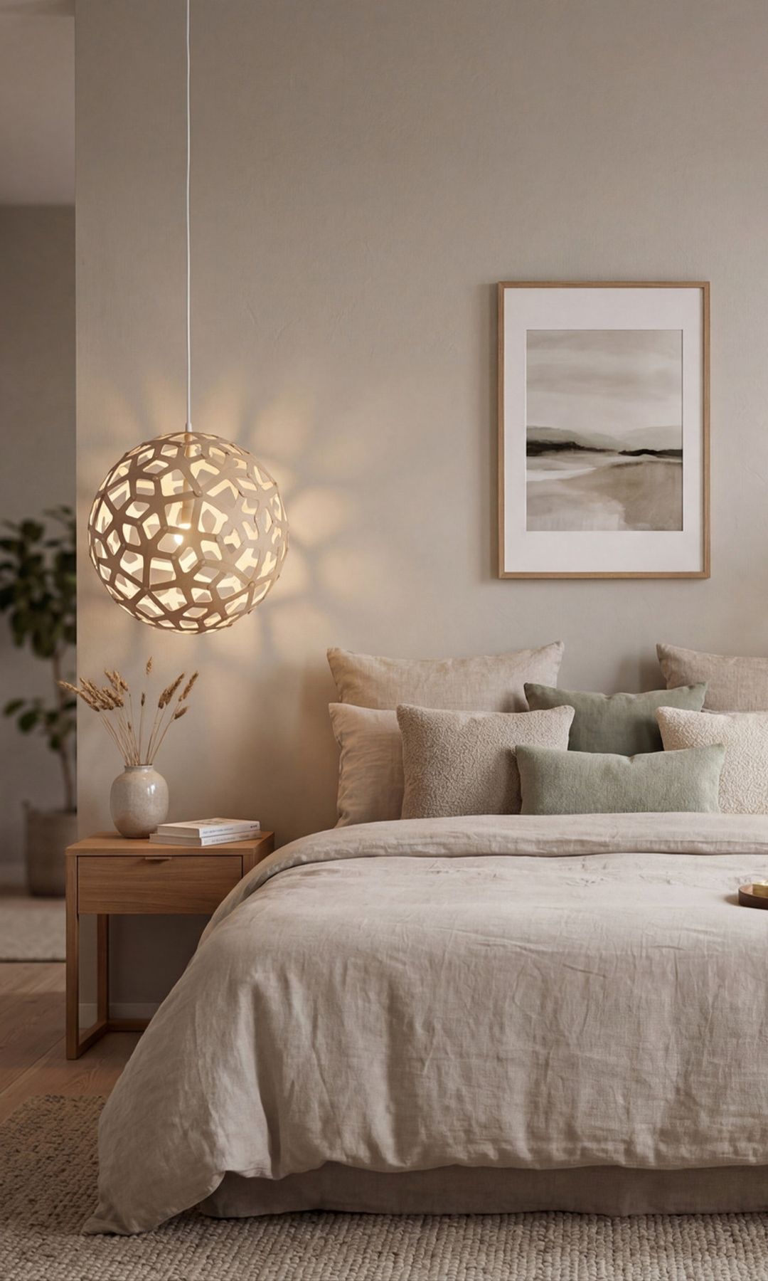 Dormitorio otoñal con lámparas colgantes Coral del diseñador David Trubridge en Nedgis