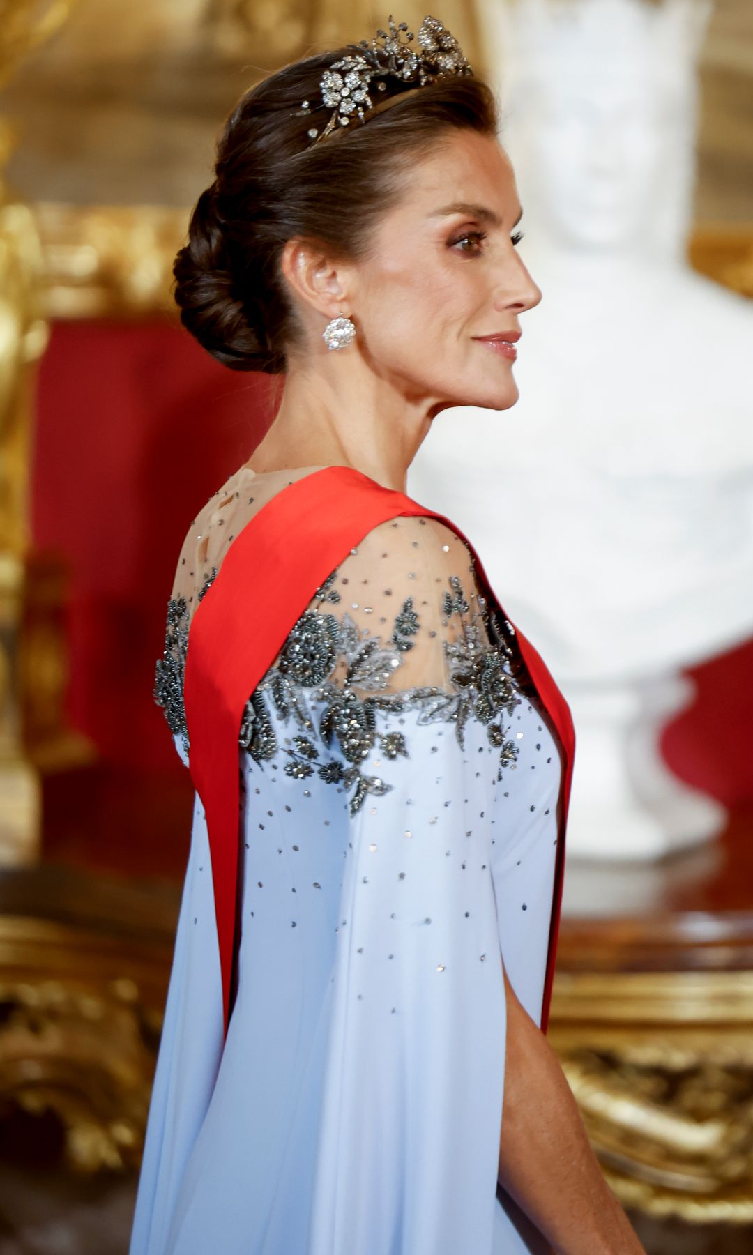 El vestido de gala 'Frozen' de la reina Letizia en el banquete con los Macron: un diseño de Carolina Herrera con capa, transparencias y escote bordado