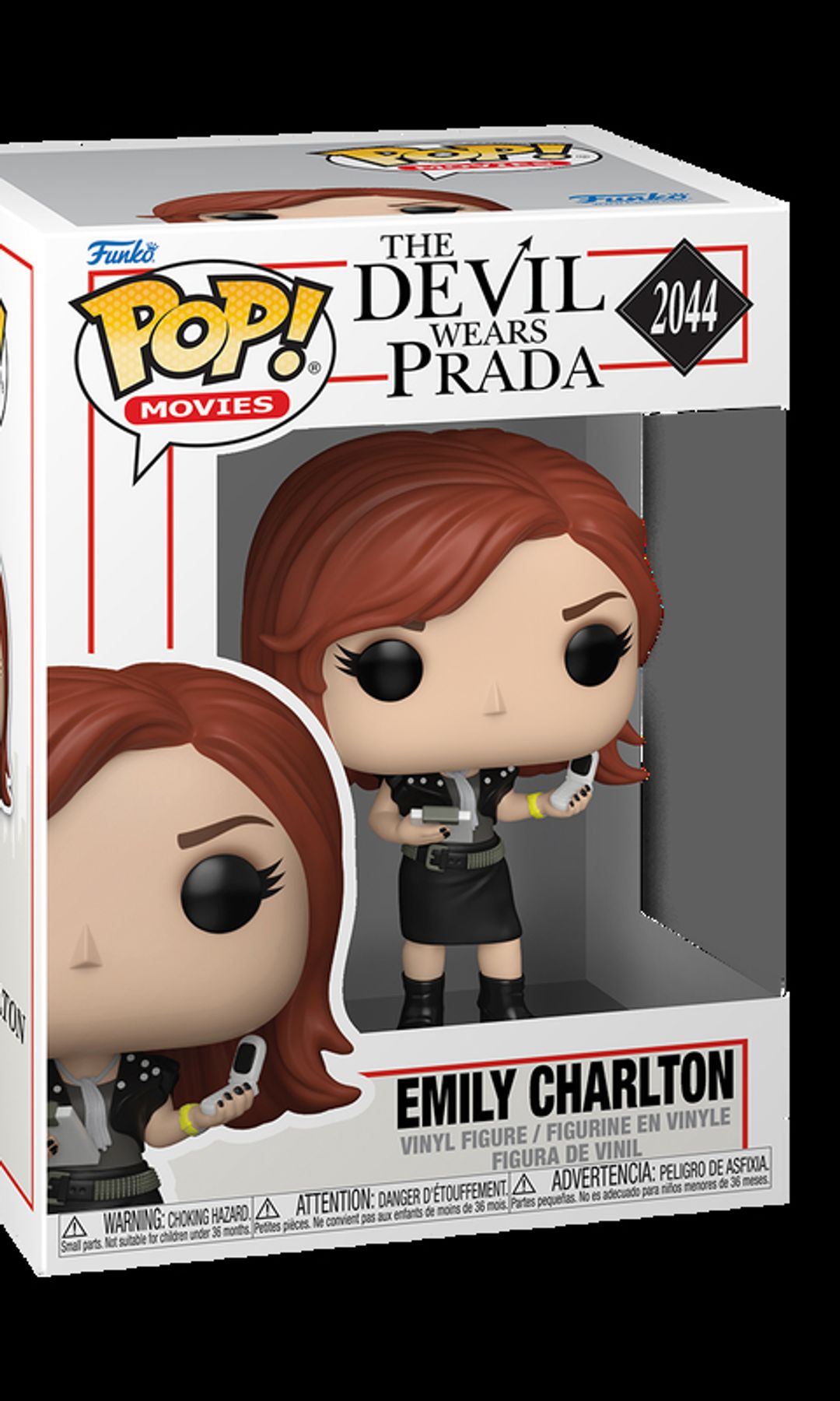 Emily Charlton llega en versión Funko con su look de asistente sénior, teléfono plegable en mano y esa energía frenética de quien siempre parece estar a una llamada de que todo se derrumbe