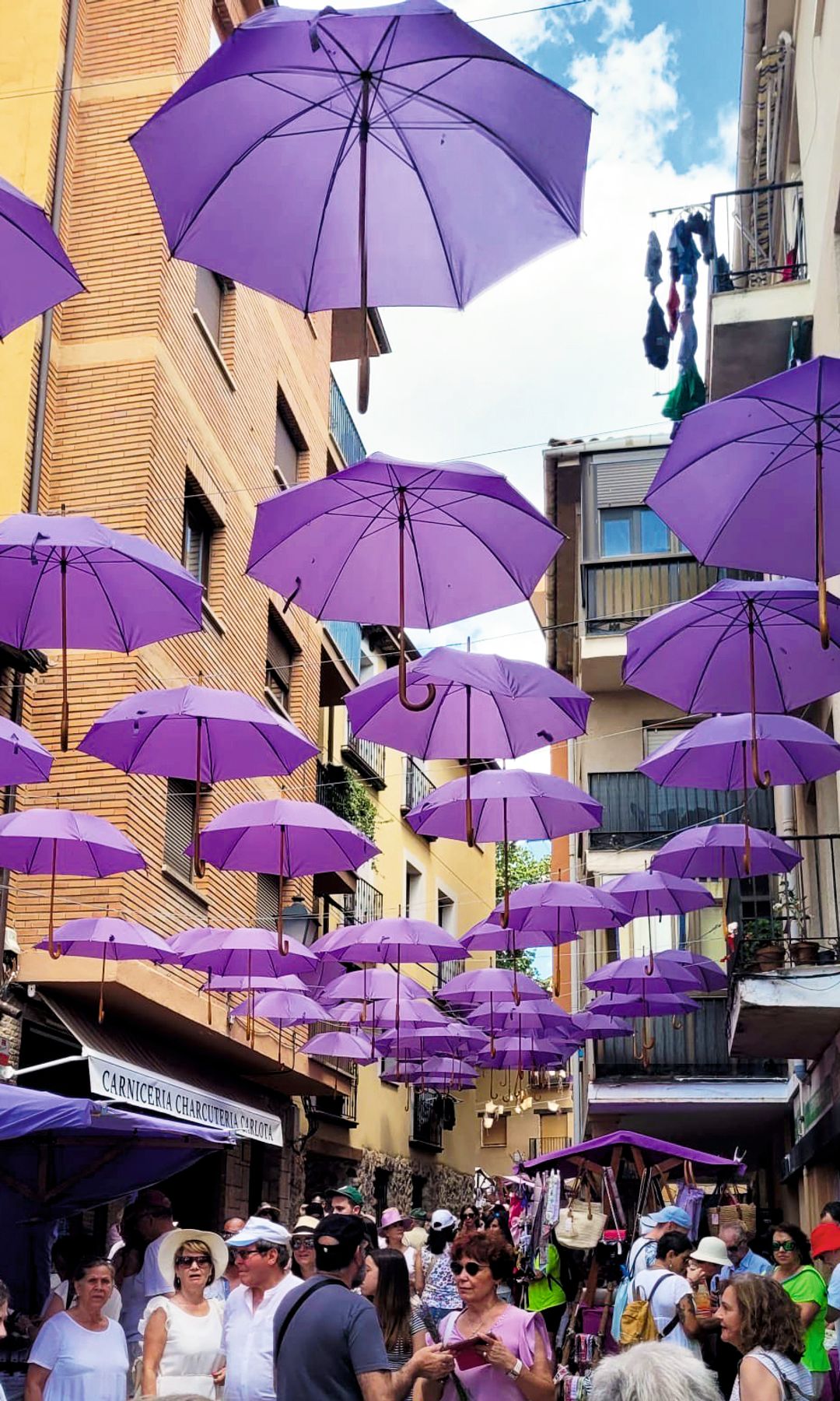 Paraguas morados cuelgan de la calle en el Festival de la Lavanda en Brihuega. Guadalajara