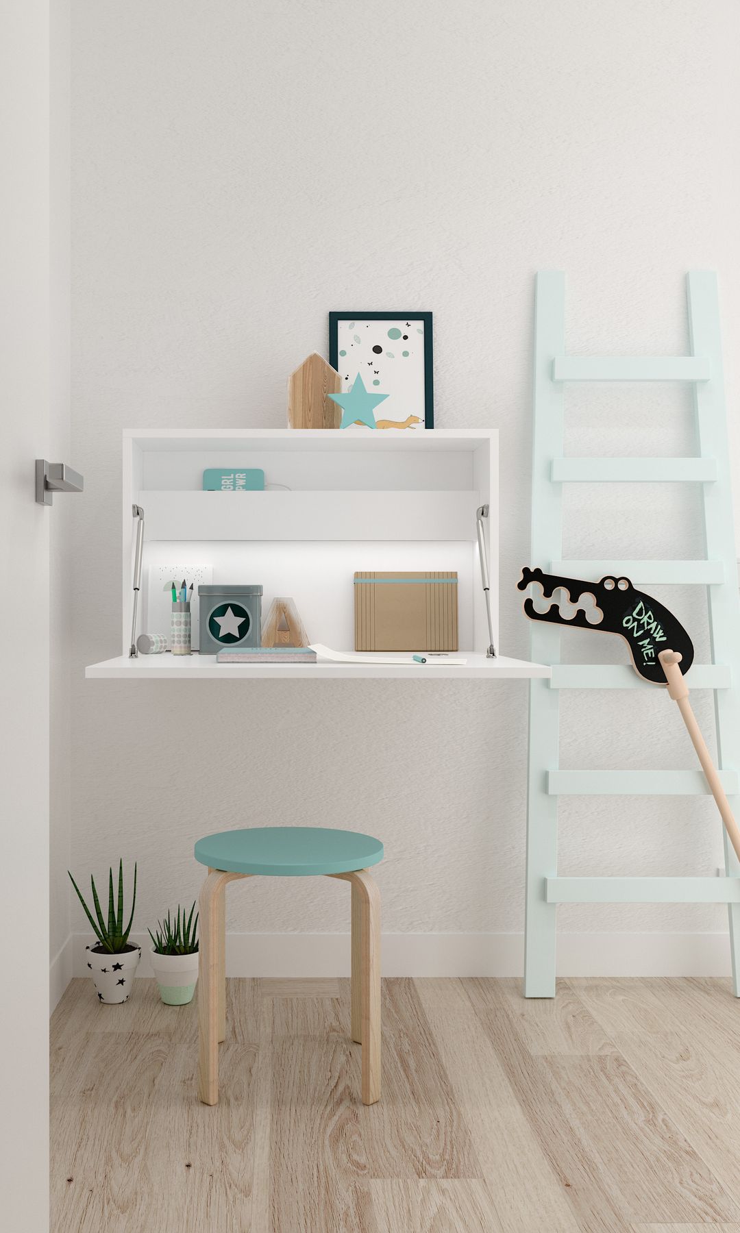 Habitación infantil con escritorio en la pared abatible blanco, taburete