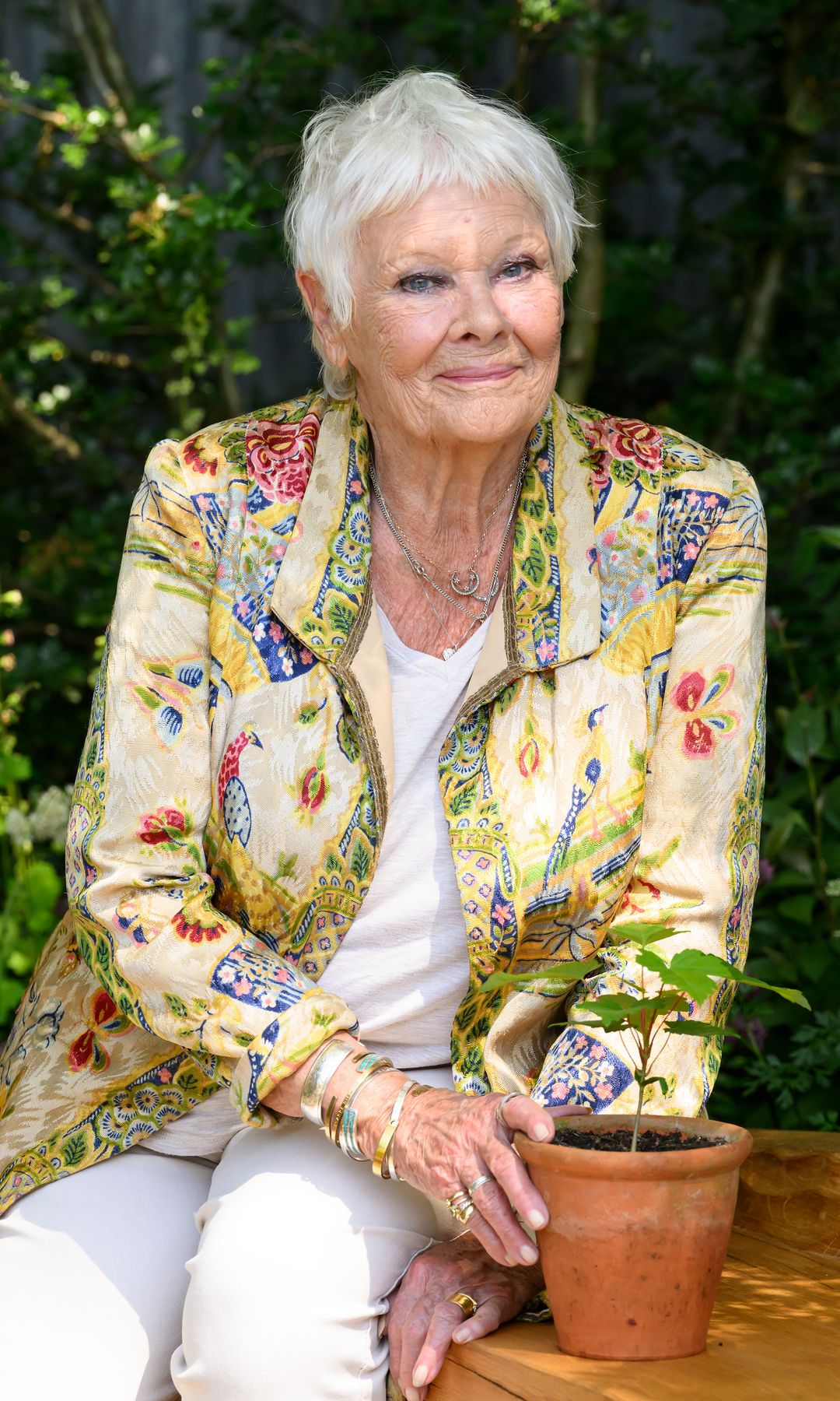 Judi Dench posando en un jardín