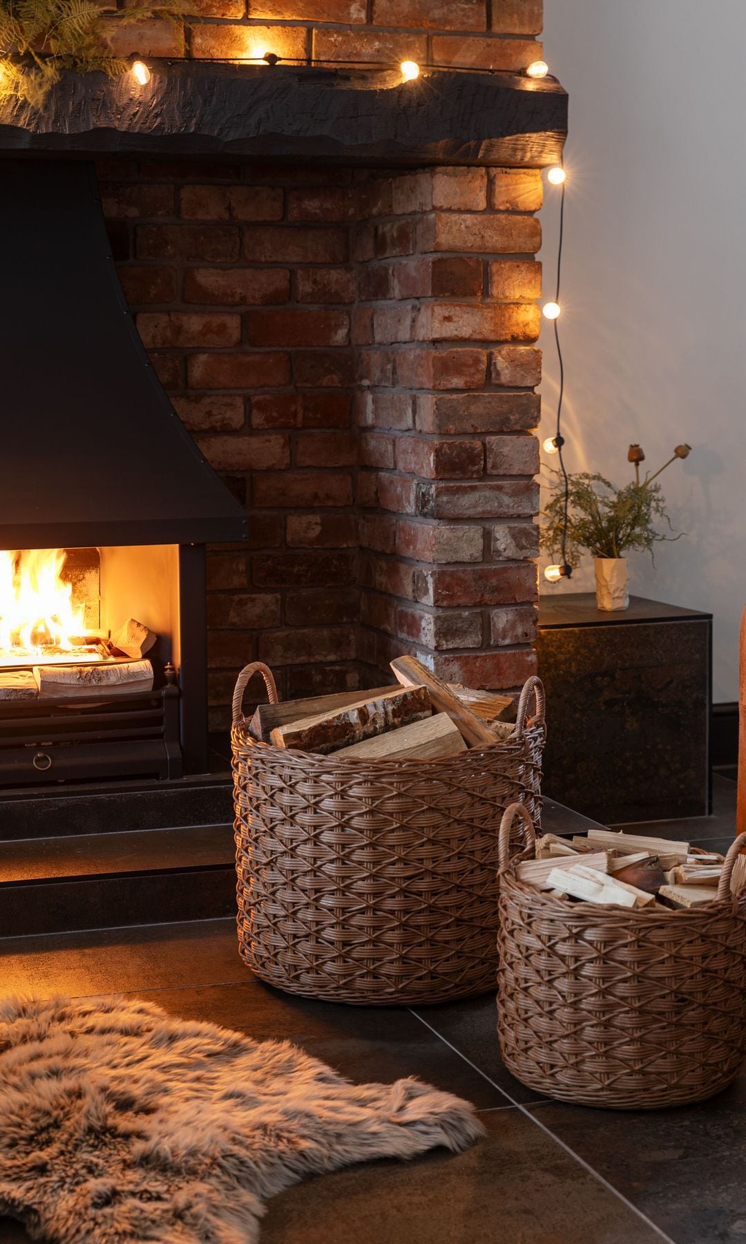 Rincón chimenea, con chimenea encendida, guirnalda de luces, cestos en el suelo, alfombra de pelo 