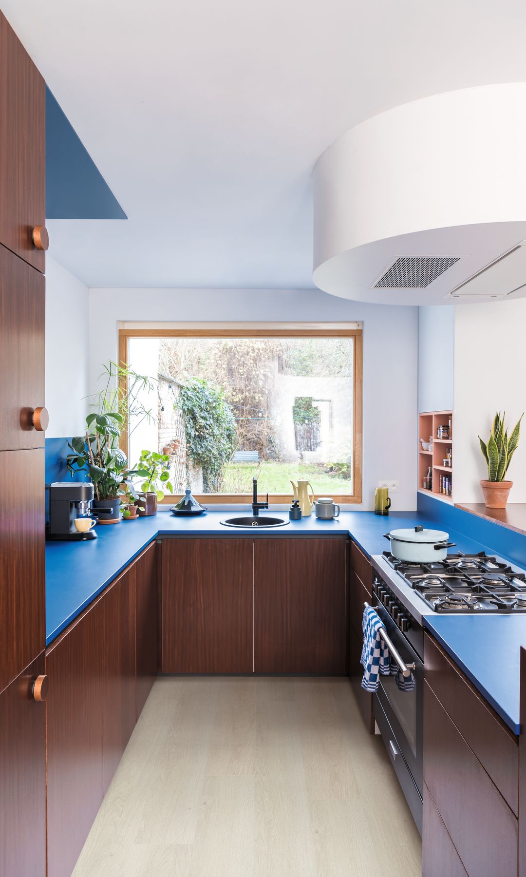 Cocina con muebles de madera oscura, encimera azul atrevido, suelo claro, campana de techo blanca y placa de fuegos