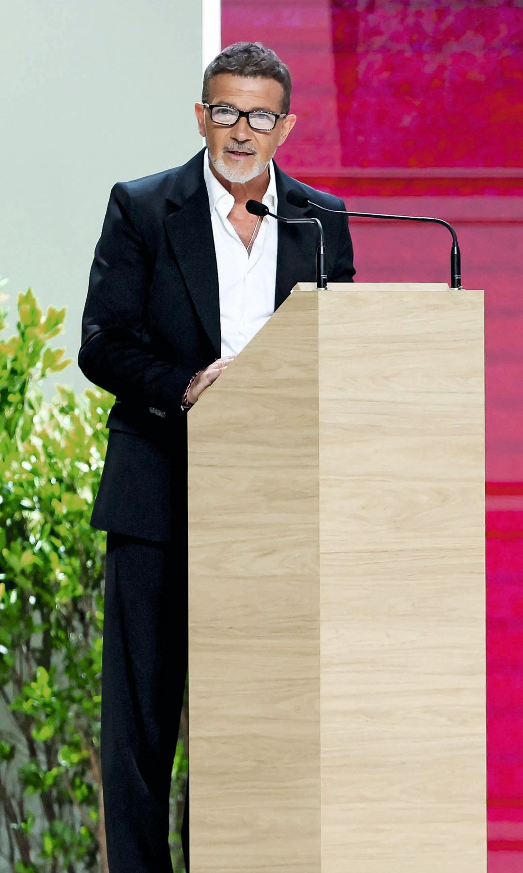 El actor malagueño Antonio Banderas protagonizó una emotiva intervención desde el escenario principal ante el Santo Padre.