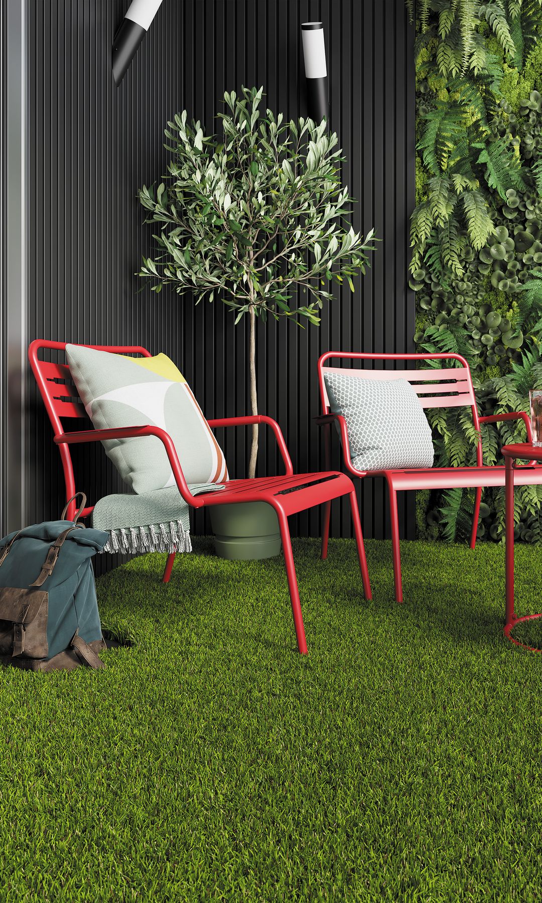 Terraza pequeña con césped artificial Naterial, de Leroy Merlin