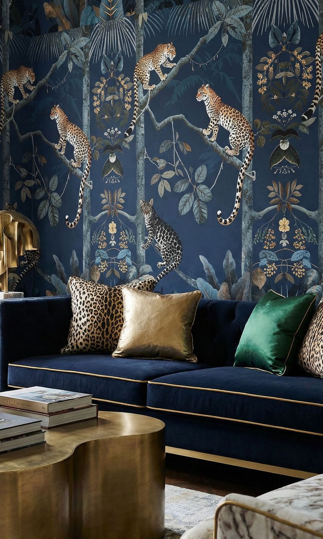 Salón con papel pintado en azul profundo, sofá en el mismo color, cojines de animal print, mesa de centro dorada
