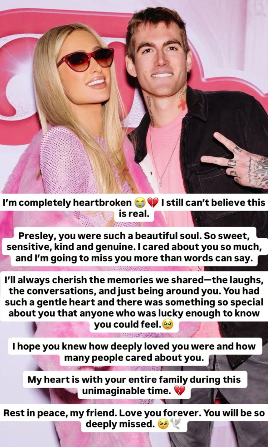 Paris Hilton ha compartido una emotiva despedida de Presley Gerber, al que ha recordado como una persona "dulce, sensible, amable y auténtica"