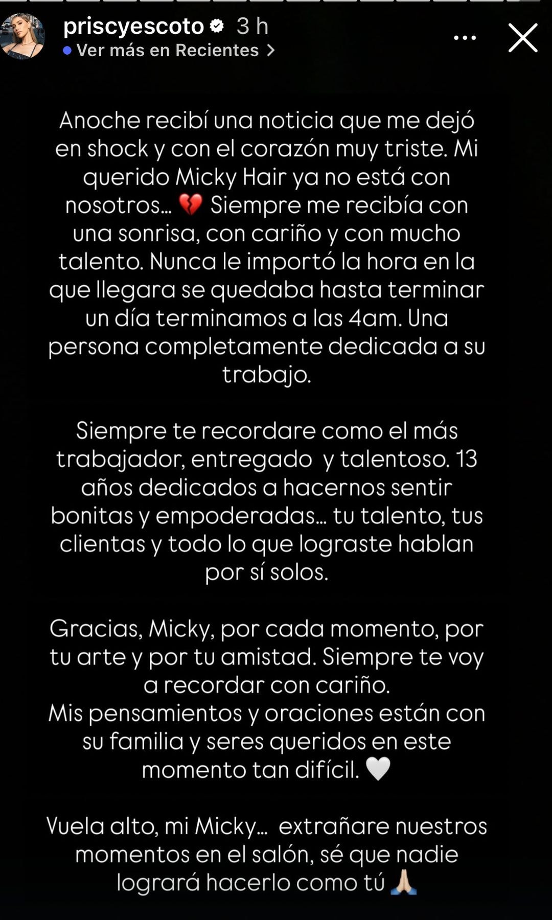 El mensaje de Priscy Escoto a 'Micky'. 