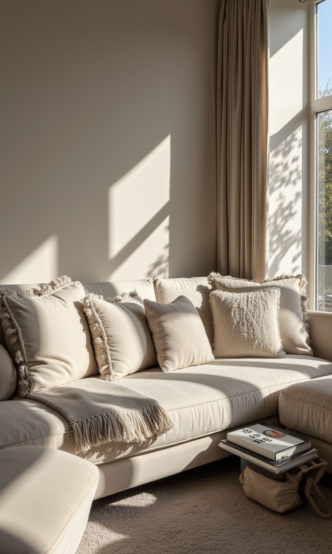 Salón en tonos neutros, con sofá beige, cojines del mismo color, gran ventanal con cortinas beige