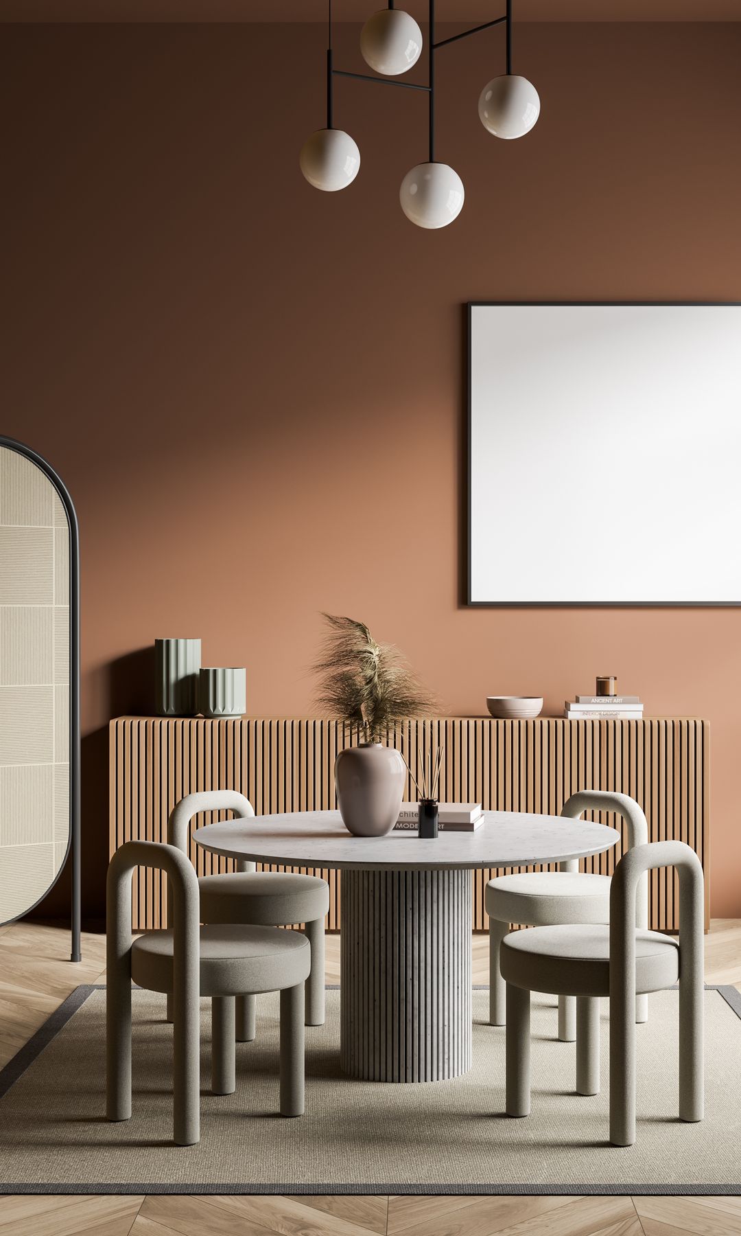 Comedor decorado con paredes pintadas en tonalidad marrón