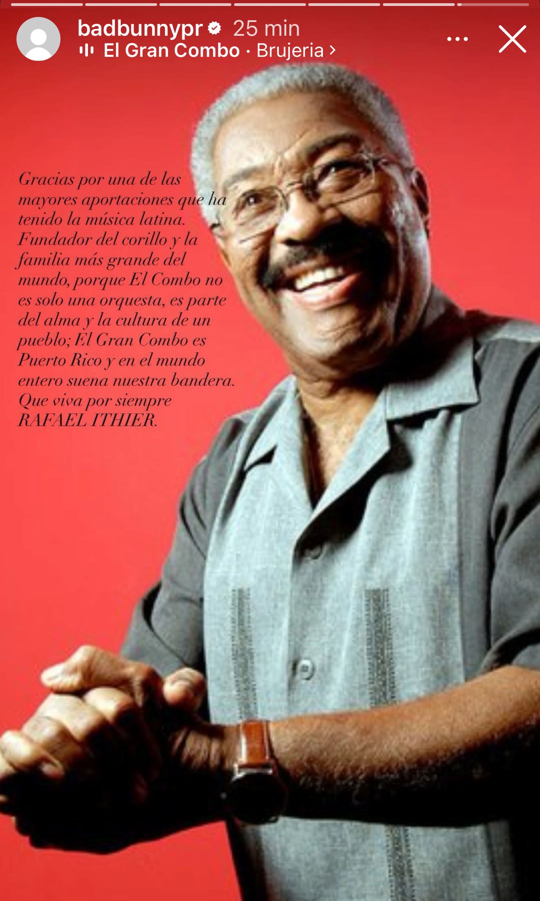 Bad Bunny lamentó profundamente el deceso del fundador de El Gran Combo de Puerto Rico. 