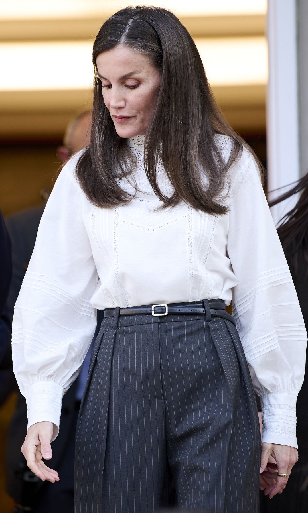 MADRID, SPAIN - APRIL 10: Queen Letizia of Spain receives the promoters of the project 'Tejiendo Redes. La Lana Patrimonio en Extinción' at the Zarzuela Palace on April 10, 2025 in Madrid, Spain. (Photo by Carlos Alvarez/Getty Images)