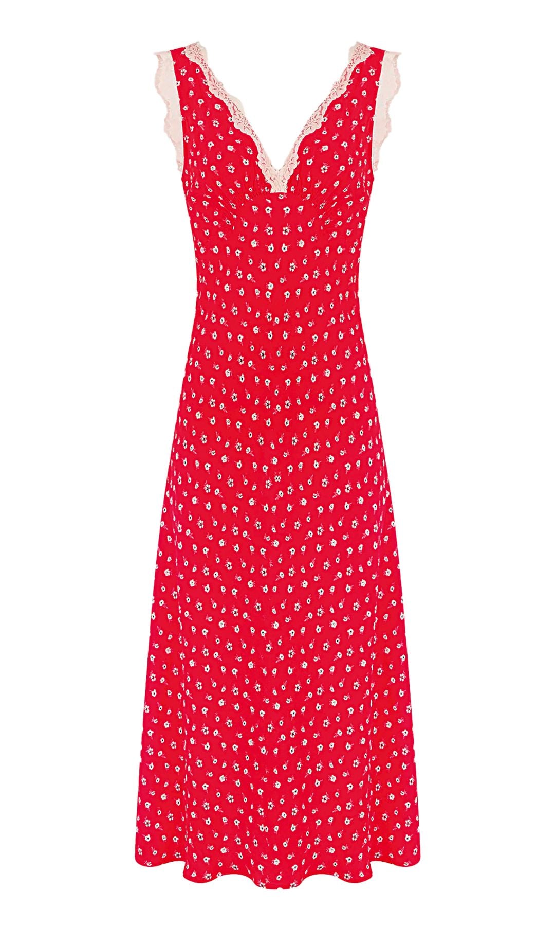 Vestido midi con detalle de encaje en el vivo (215 €), de Rouje